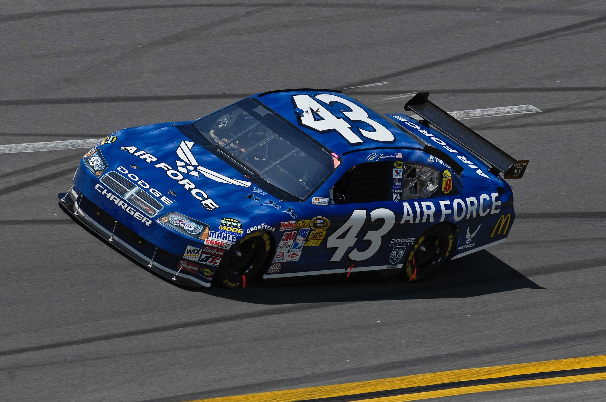 The #43 Air Force-sponsored NASCAR driven by Reed Sorenson makes its way around the track during the Aaron's 499 race April 26 at Talladega Superspeedway in Talladega, Ala. This was the first race for the #43 Richard Petty Motor Sports car featuring the Air Force primary paint scheme.  The car started 41st but finished 11th in the race.  (U.S. Air Force photo/Master Sgt. Scott Reed)