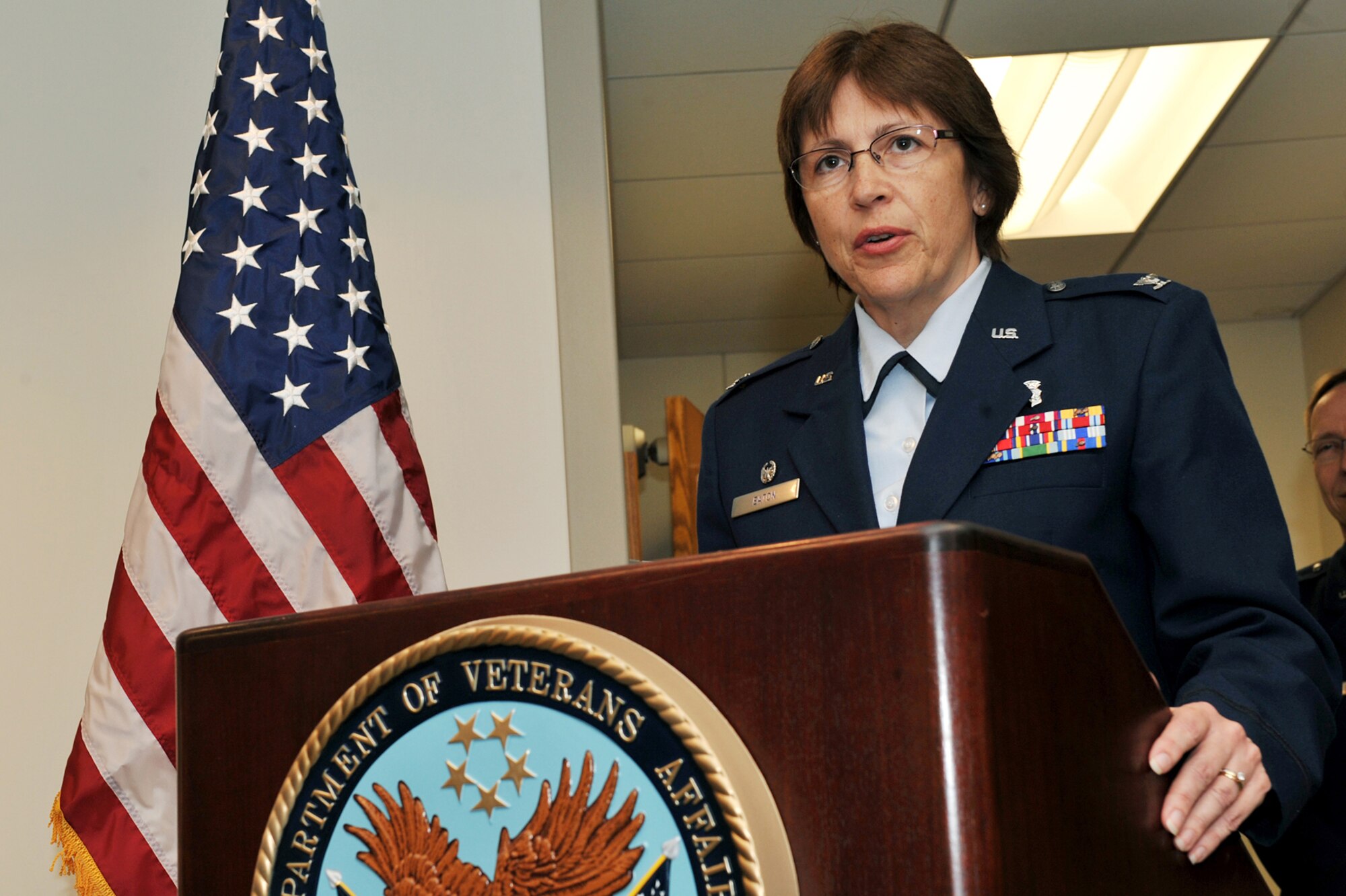 OFFUTT AIR FORCE BASE Neb. - Col. Linda Eaton, 55th Medical Group commander, speaks to attendees during the grand opening ceremony of the new Veterans Affairs Community-based outpatient clinic located inside the Ehrling Bergquist Clinic here April 25. With the opening of the VA outpatient clinic, veterans living in the Bellevue area no longer have to travel to Omaha or other cities to receive VA medical care. U.S. Air Force photo by Charles Haymond

