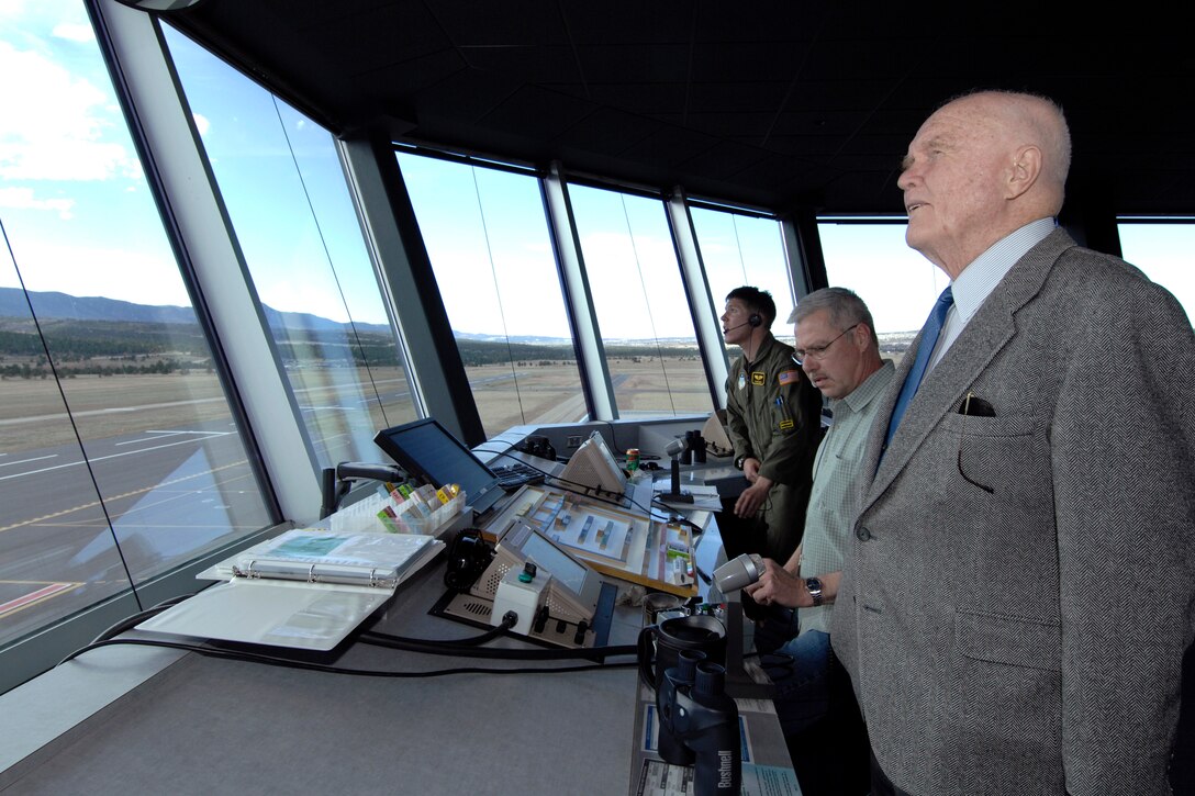Sen. John Glenn views airfield operations from the U.S Air Force Academy's control tower April 21 during a visit to the school.  The senator was there to be honored as the recipient of the 2008 Thomas D. White National Defense Award on the Academys terrazzo in front of the cadet wing.  (U.S. Air Force photo/Dennis Rogers)