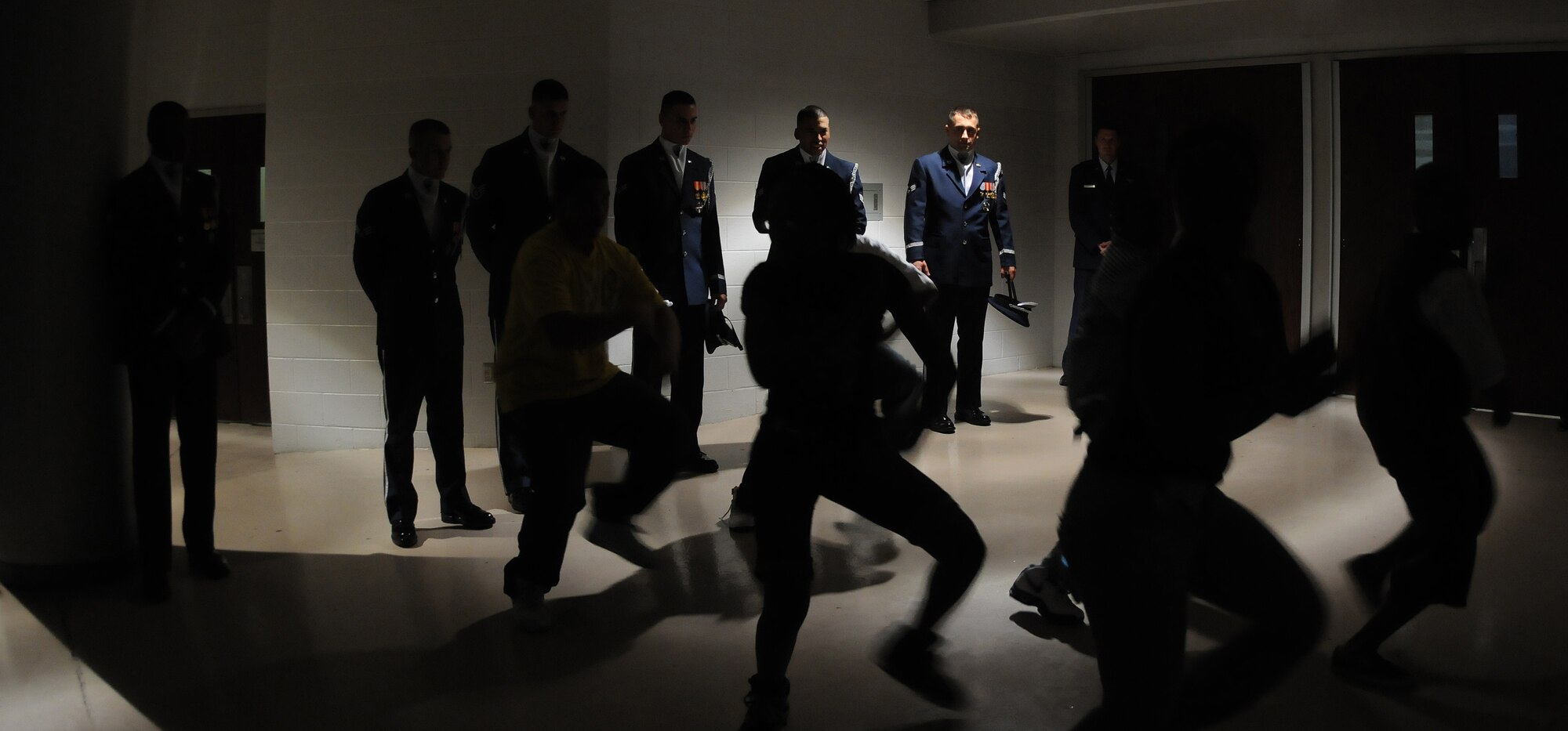 Local Step team” Marching Elites” demonstrates their skills for The U.S Air Force Honor Guard Drill Team after a performance at Hampton University to begin Air Force Week April 18 Hampton Va.The Drill Team and Max Impact will perform together for the first time in  public after a few weeks of training and coordination on Maxwell AFB Ala. Air Force week is full of activities and functions that allow non-military members see the Air Force side of thing, show their support, and meet possibly future Airman. (U.S. Air Force photo by Senior Airman Alexandre Montes)