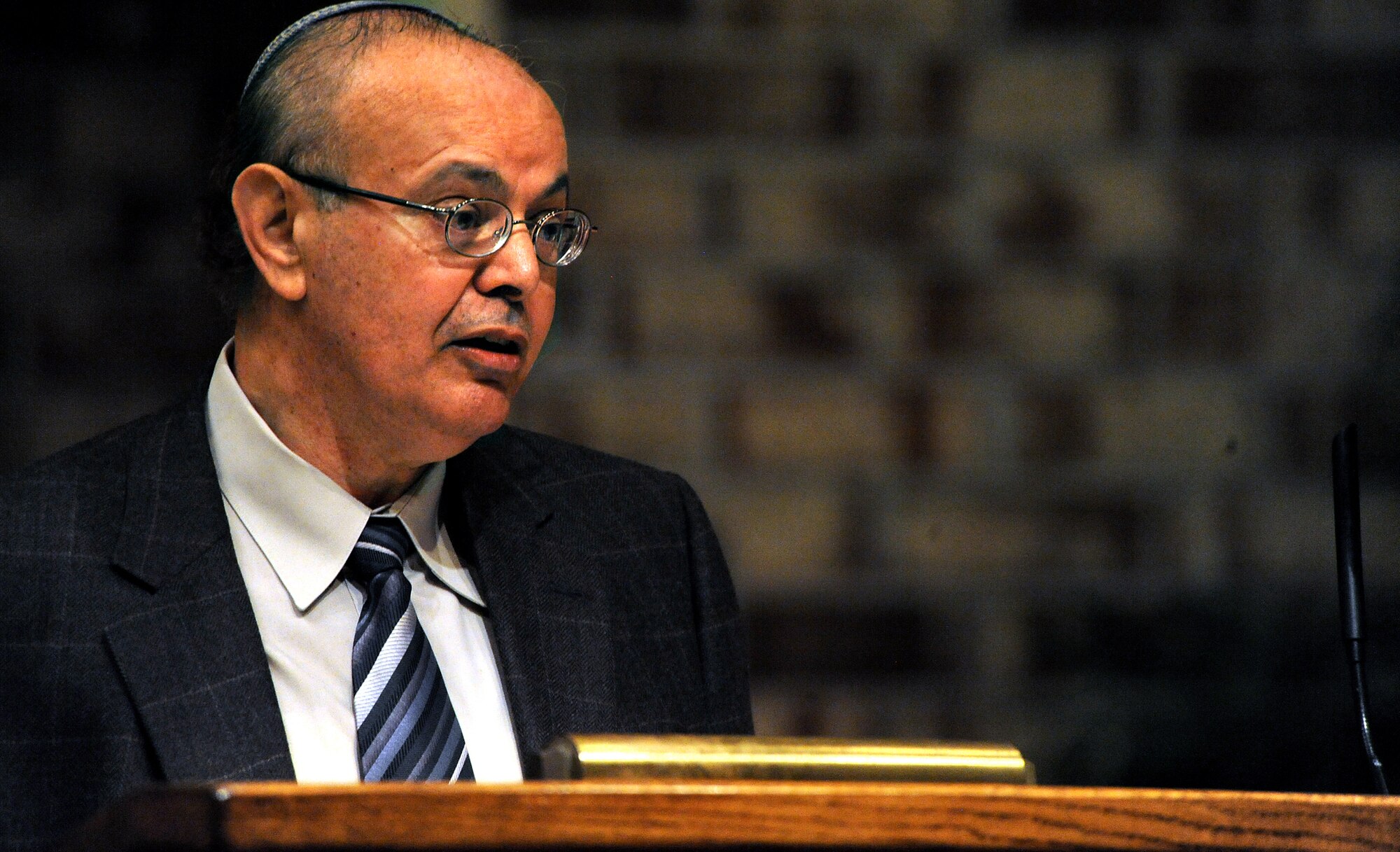 MOODY AIR FORCE BASE, Ga. -- Moshe Elbaz, Valdosta Hebrew Congregation/ Temple Israel Rabbi, tells his story and experience during the Holocaust at the Holocaust Days of Remembrance ceremony held at the Chapel here April. 21. Rabbi Elbaz was the keynote speaker for the event. (U.S. Air Force photo by Airman 1st Class Joshua Green) 