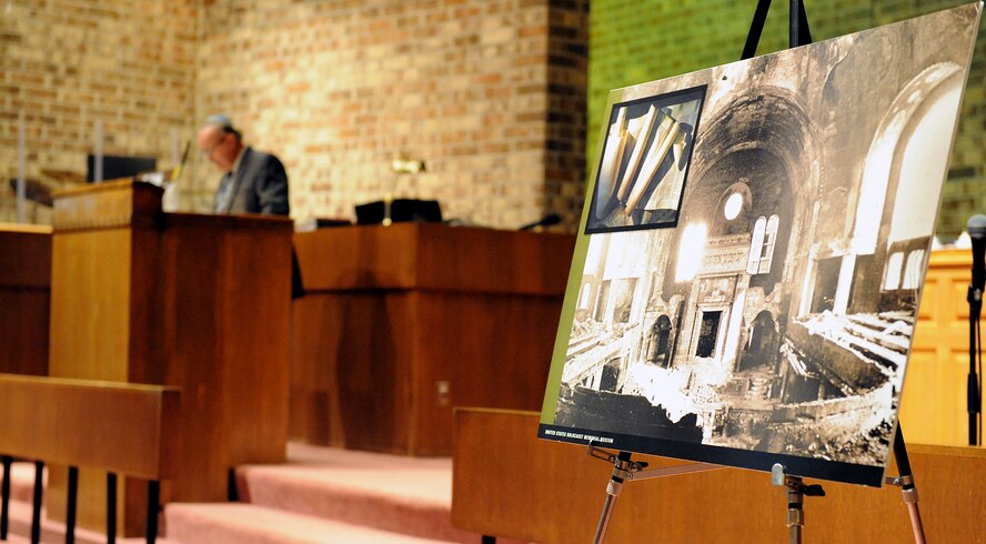 MOODY AIR FORCE BASE, Ga. -- The picture displays an old synagogue temple that was attacked during the Holocaust era at the Holocaust Days of Remembrance ceremony held at the Chapel here April 21. (U.S. Air Force photo by Airman 1st Class Joshua Green)