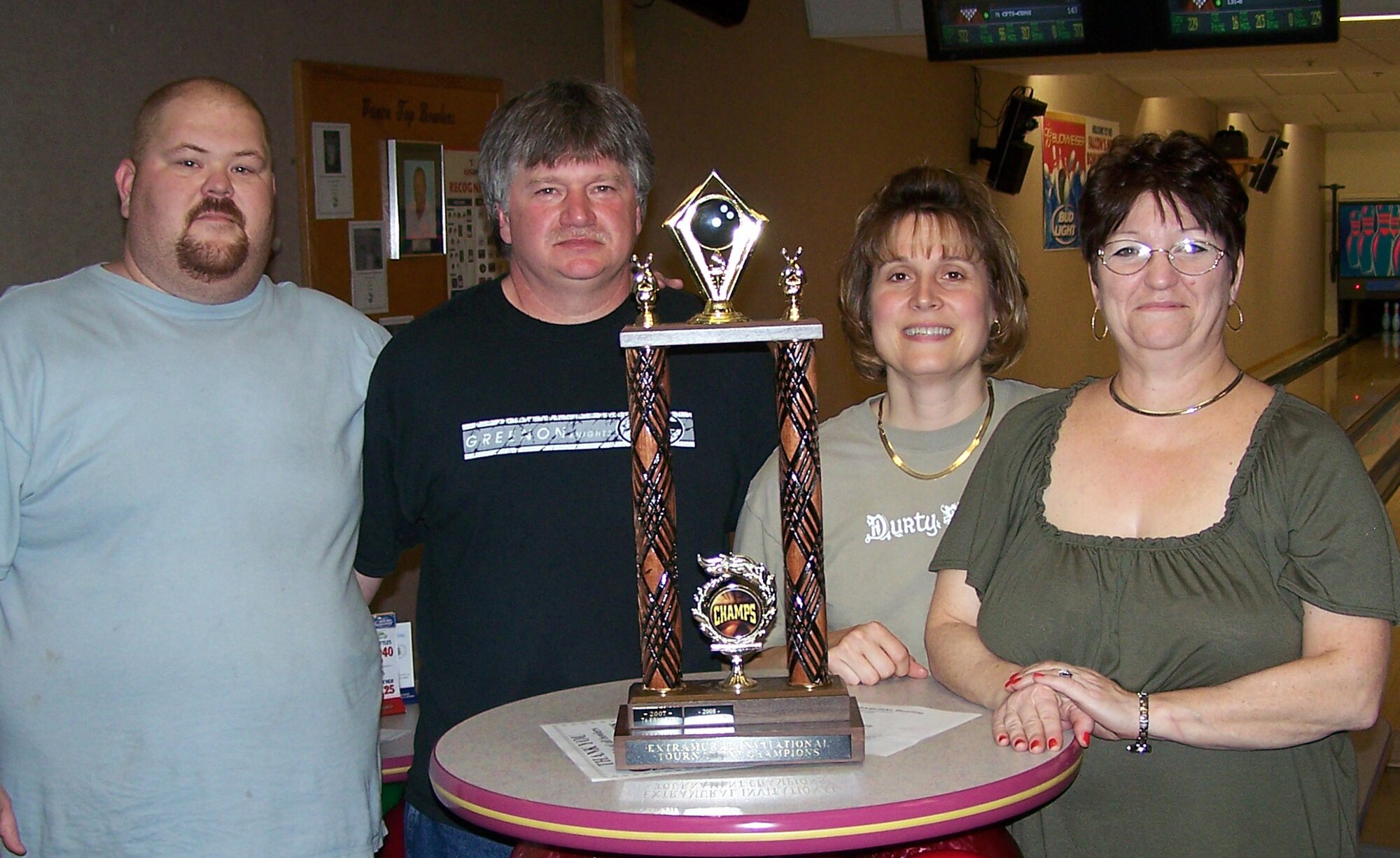 The Warehousers took first place in the Extramural Invitational Bowling tournament April 15, defeating the 71st Medical Group B team. The Warehousers are, left to right, John Butcher, Gary Stroble, Dianne Stroble and Charlotte Smith. Not pictured is Roy Smith. (Courtesy photo)

