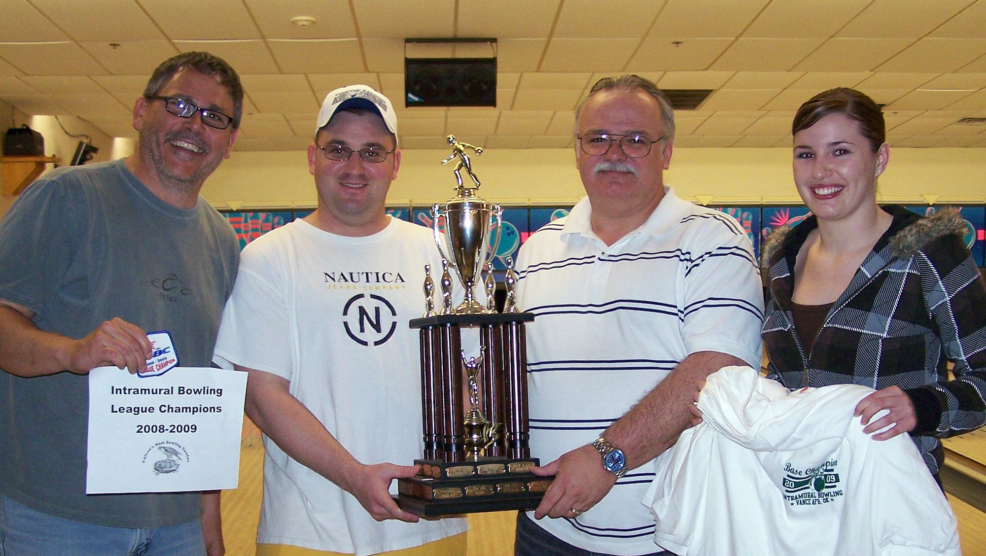 The 71st Operations Support Squadron A team, “The Good, the Bad and the Ugly,” captured first place in the 2008-2009 Vance Intramural Bowling League April 16. Teams members are, left to right, Kerry “KK” Grisham, Chris “RN” Ralston, Terry “EE” Emken and Ashleigh “BR” Barber. Team members not pictured are Oscar “VO” Vallejo and James “RS” Rogers. (Courtesy photo)