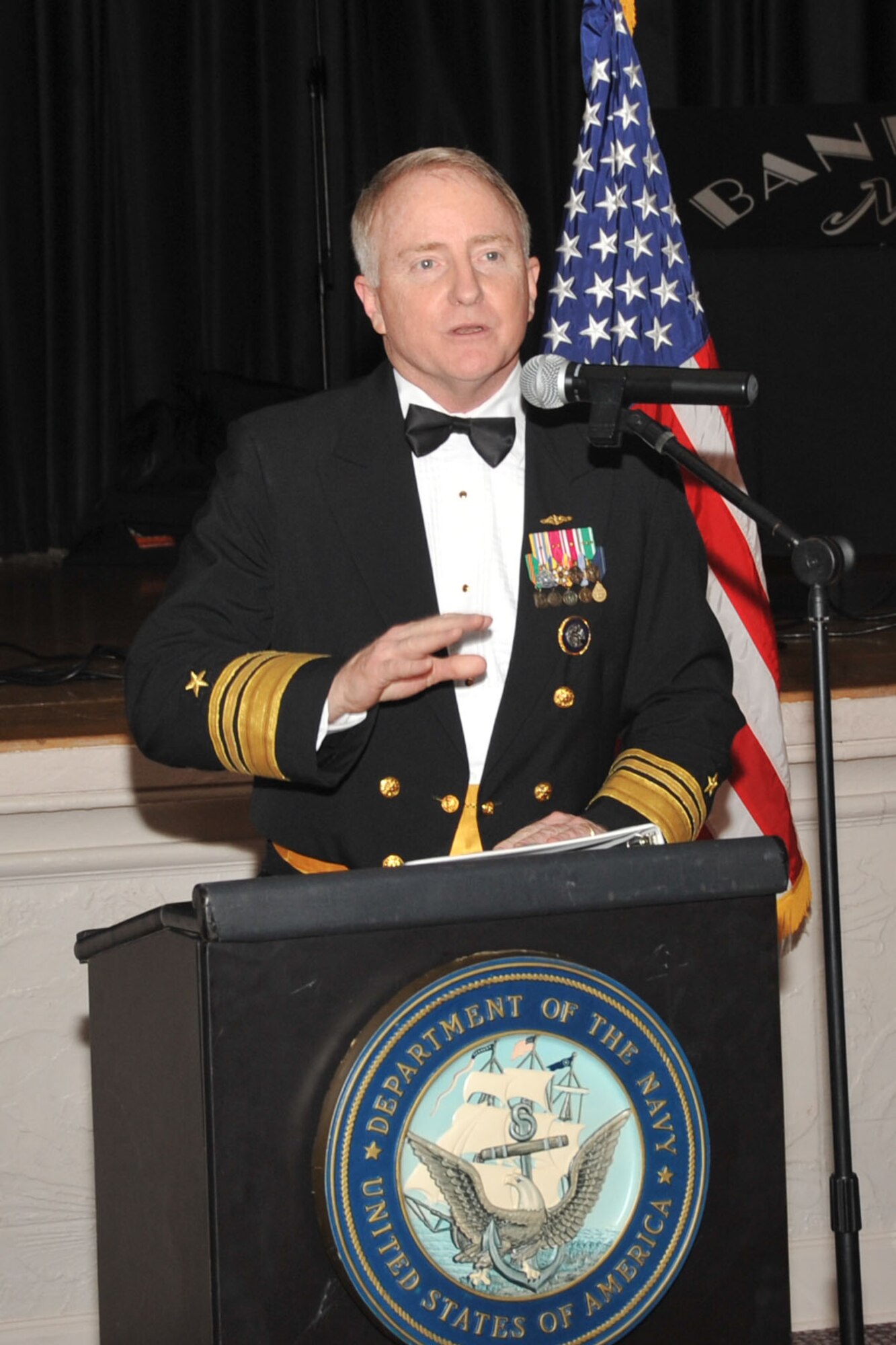 Vice Adm. Van Mauney, USSTRATCOM Vice Commander, delivers the keynote speech at the annual Submarine Ball at the Scoular Building in downtown Omaha April 17. U.S. Air Force photo by Stephen Cunningham.  
