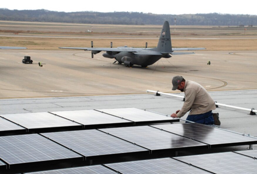 Solar panels are installed on a hanger at the 139th Airlift Wing.