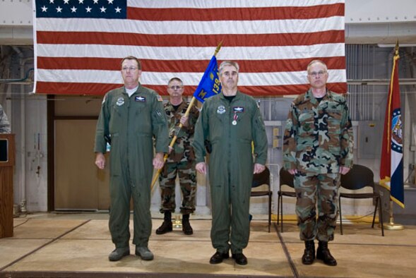 Col. Rod Rumpf, 139th Maintenance Group commander, relinquishes command of the maintenance group to Lt. Col. Andy Halter at the 139th Airlift Wing April 4, 2009.  (U.S. Air Force photo by Staff Sgt. Michael Crane)