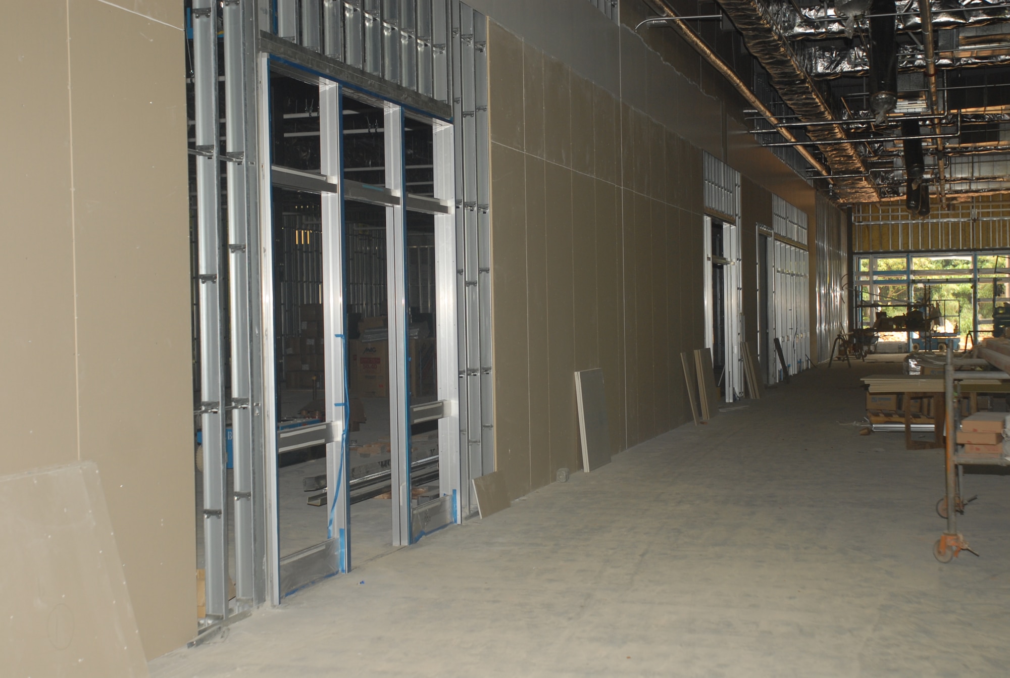 The new and improved Army and Air Force Exchange Service Base Exchange facility, which began construction in June 2007, nears completion and will have three times the floor space than the current store. A grand opening for the new facility is tentatively set for Oct. 1.  (U.S. Air Force photo/Staff Sgt. Nestor Cruz)