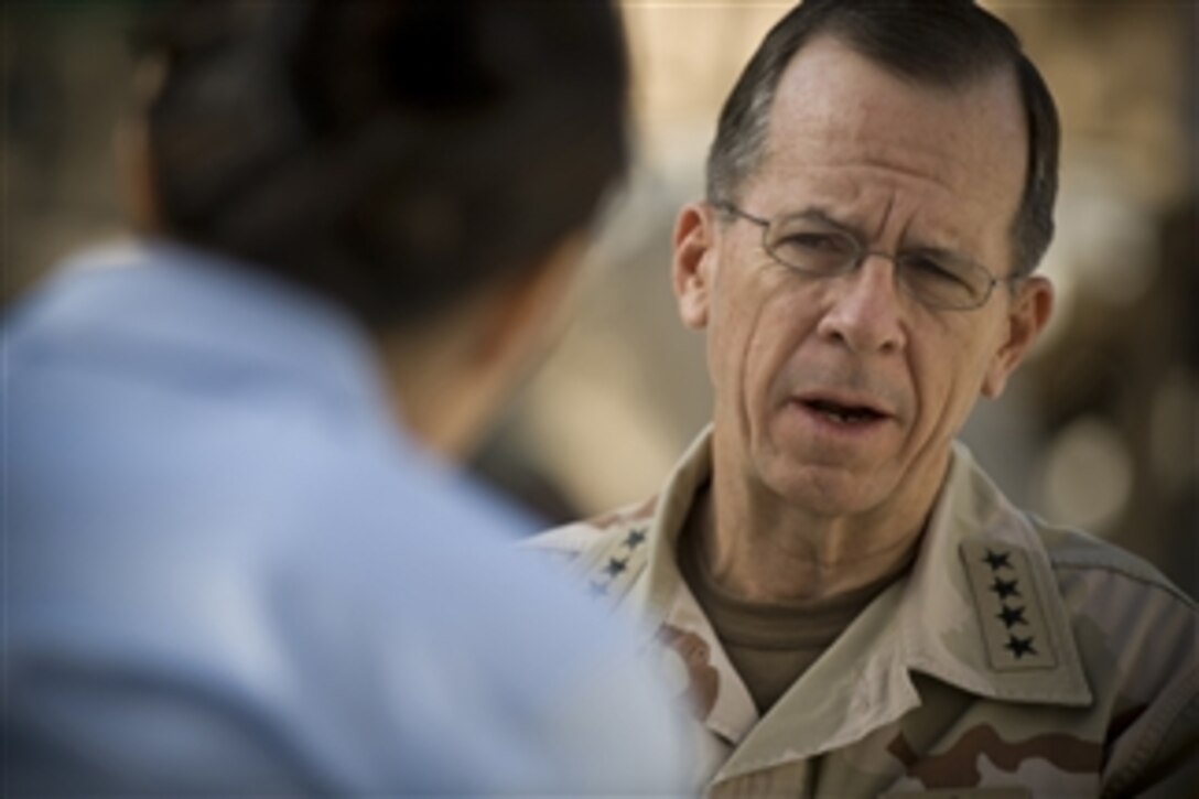 Anne Curry (left), a news anchor from NBC's "Today" show, interviews Chairman of the Joint Chiefs of Staff Adm. Mike Mullen, U.S. Navy, at Camp Eggers in Kabul, Afghanistan, on April 22, 2009.  