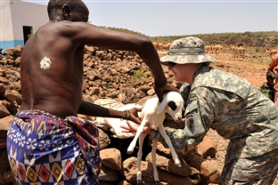 U.S. Army Specialist Janet Peace reaches for a baby goat pulled from a pen by a village caretaker in Chabellier, Djibouti, April 22, 2009. Peace is a medic assigned to a 414th Civil Affairs team, which interacts with villages and local leaders to foster better understanding and communication.

