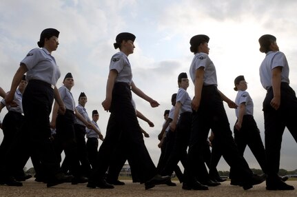 Basic trainees pass in review April 24 during their graduation ceremony at Lackland Air Force Base, Texas. (U.S. Air Force photo/Staff Sgt. Desiree N. Palacios)