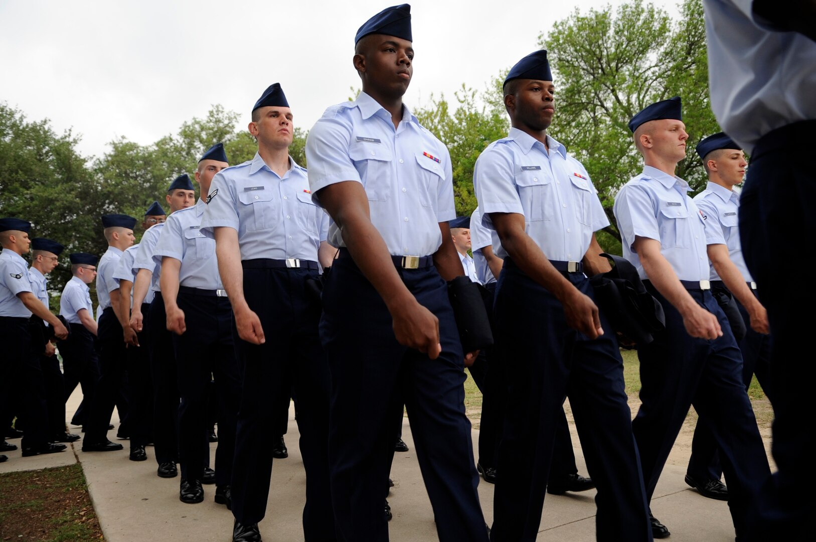 Basic trainees march to the parade grounds at Lackland Air Force Base, Texas, April 24 for their graduation ceremony. (U.S. Air Force photo/Staff Sgt. Desiree N. Palacios)