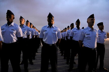 Basic trainees formed up early to prepare to march to the parade grounds at Lackland Air Force Base, Texas, April 24 for their graduation ceremony. (U.S. Air Force photo/Staff Sgt. Desiree N. Palacios)