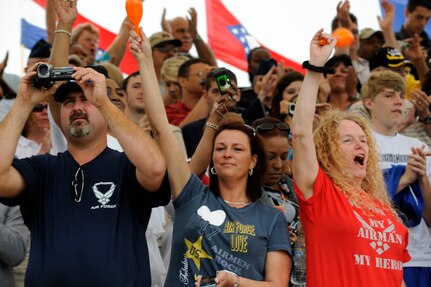 Family members yell and cheer as basic trainee graduate April 24 at Lackland Air Force Base, Texas. (U. S. Air Force photo/Staff Sgt. Desiree N. Palacios)