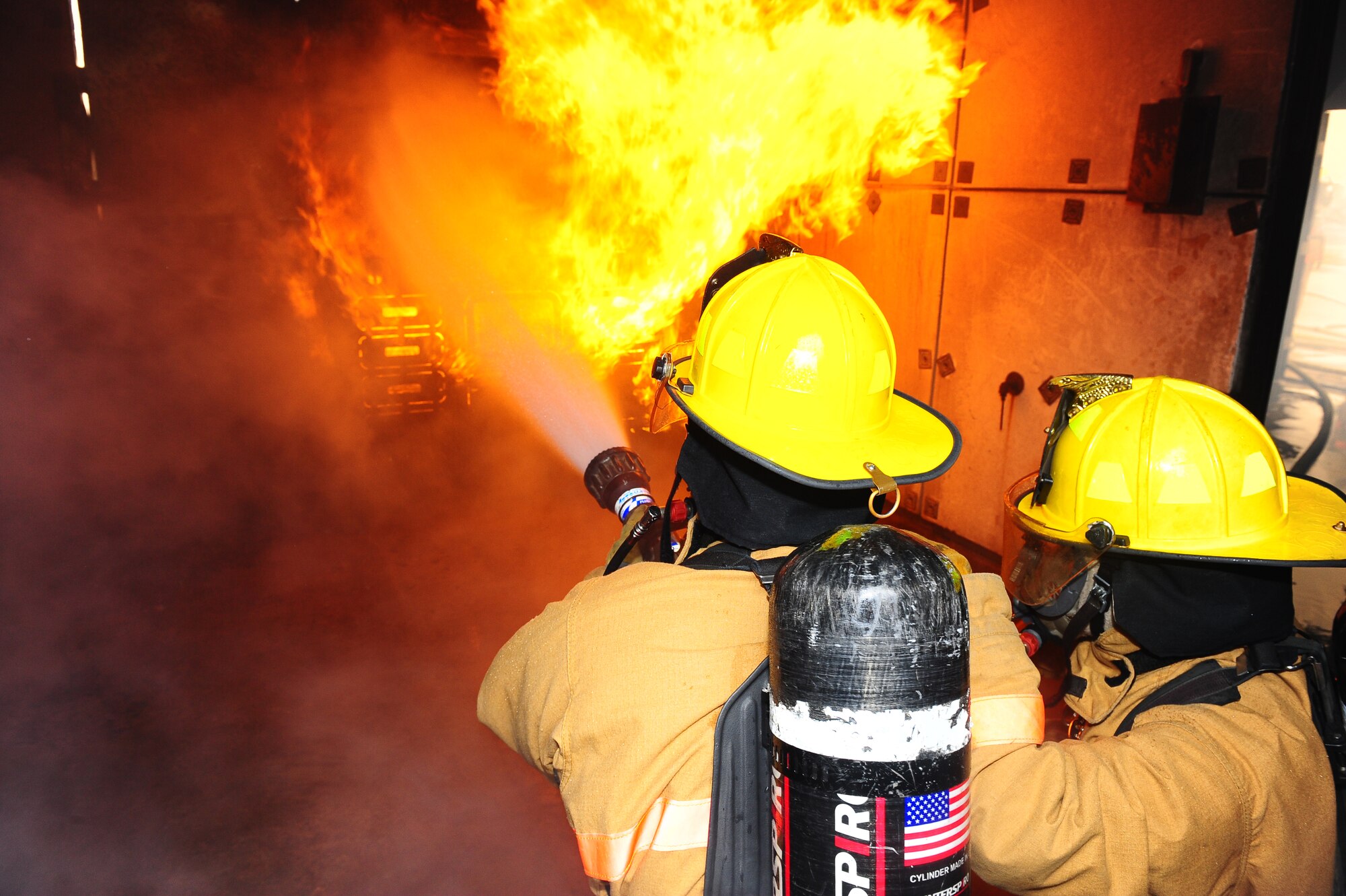 DYESS AIR FORCE BASE, Texas - Dyess firefighters conduct training April 23 in the burn house. Dyess firefighters have recently supported extinguishing multiple grass fires in the big country. (U.S. Air Force photo by Airman 1st Class Stephen Reyes)