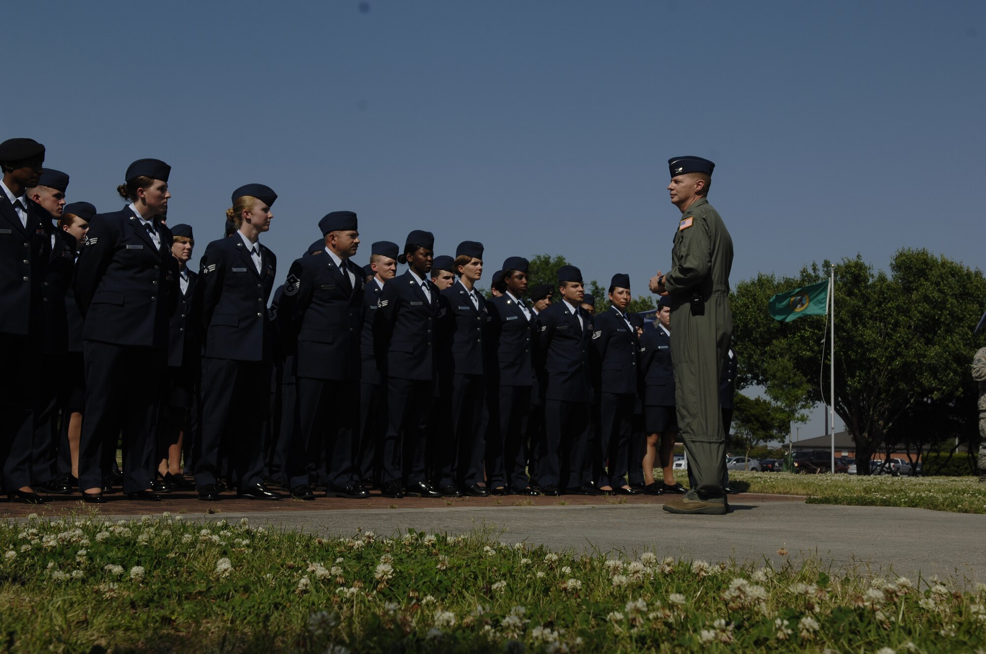 Col. John "Red" Millander speaks to enlisted Team Charleston members after the retreat ceremony April 24 on Charleston AFB. The retreat ceremony was a tribute to Colonel Millander and he is the 437th Airlift Wing commander. (U.S. Air Force photo/Senior Airman Katie Gieratz)
