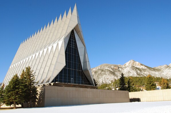 The Cadet Chapel at the U.S. Air Force Academy in Colorado Springs, Colo., is the most distinctive feature on the Academy and hosts between 500,000 and 1 million visitors annually. 