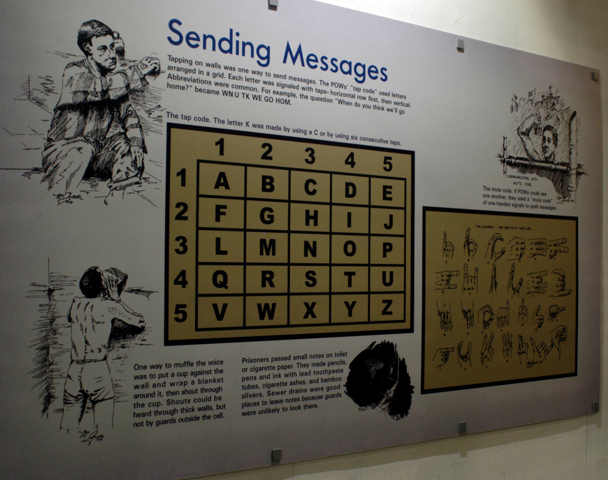 DAYTON, Ohio - Examples of how POWs communicated are shown on this panel in the Return with Honor: American Prisoners of War in Southeast Asia exhibit in the Southeast Asia War Gallery at the National Museum of the U.S. Air Force. (U.S. Air Force photo)