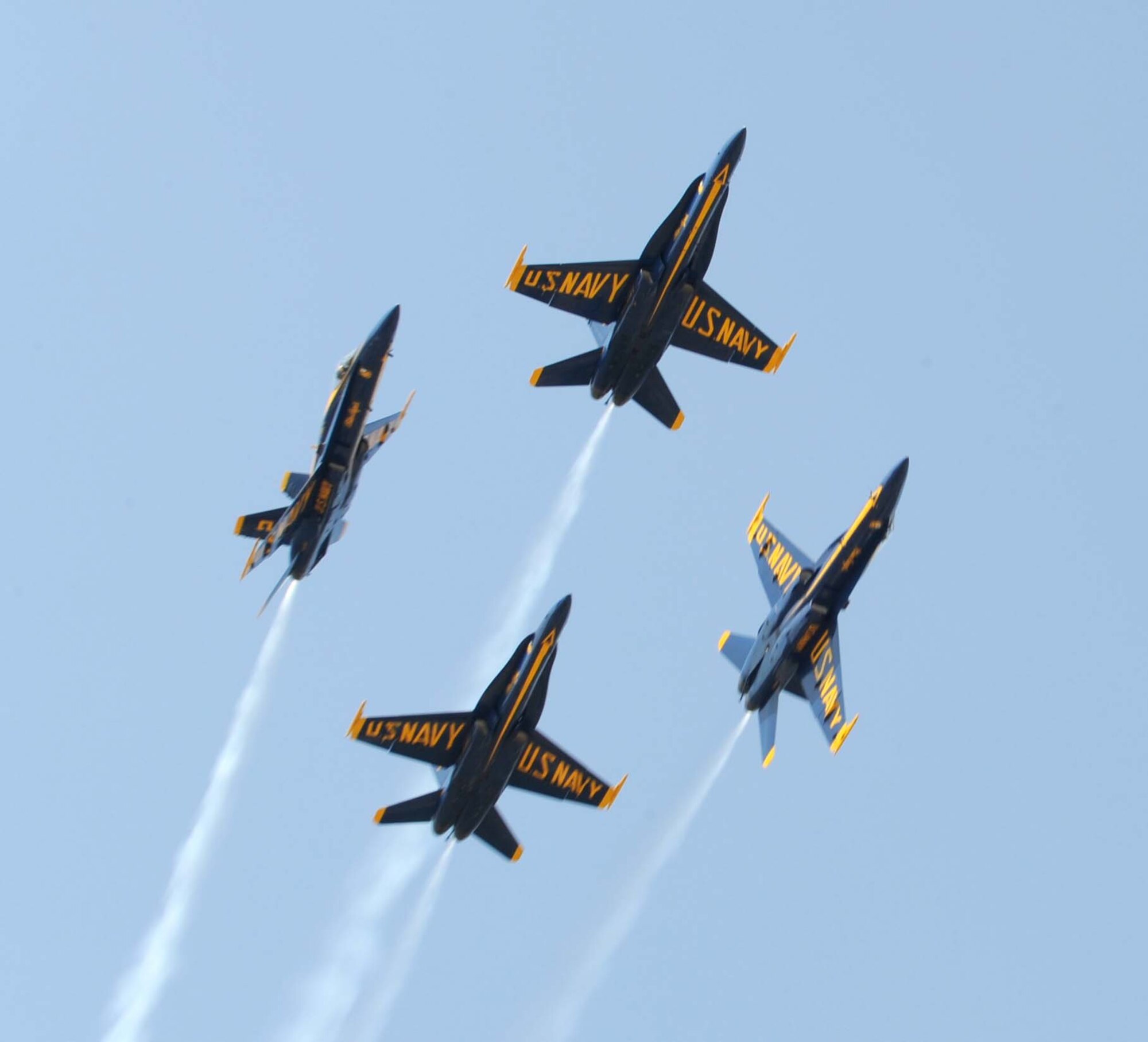 The U.S. Navy Blue Angels perform aerobatic maneuvers during the Wings Over Wayne Airshow at Seymour Johnson Air Force Base, N.C., April 25, 2009. The Blue Angels headlined the show, which also included performances from the U.S. Army Golden Knights and a flyby from a  Air Force B-2 Spirit stealth bomber. (U.S. Air Force photo by Airman 1st Class Gino Reyes)