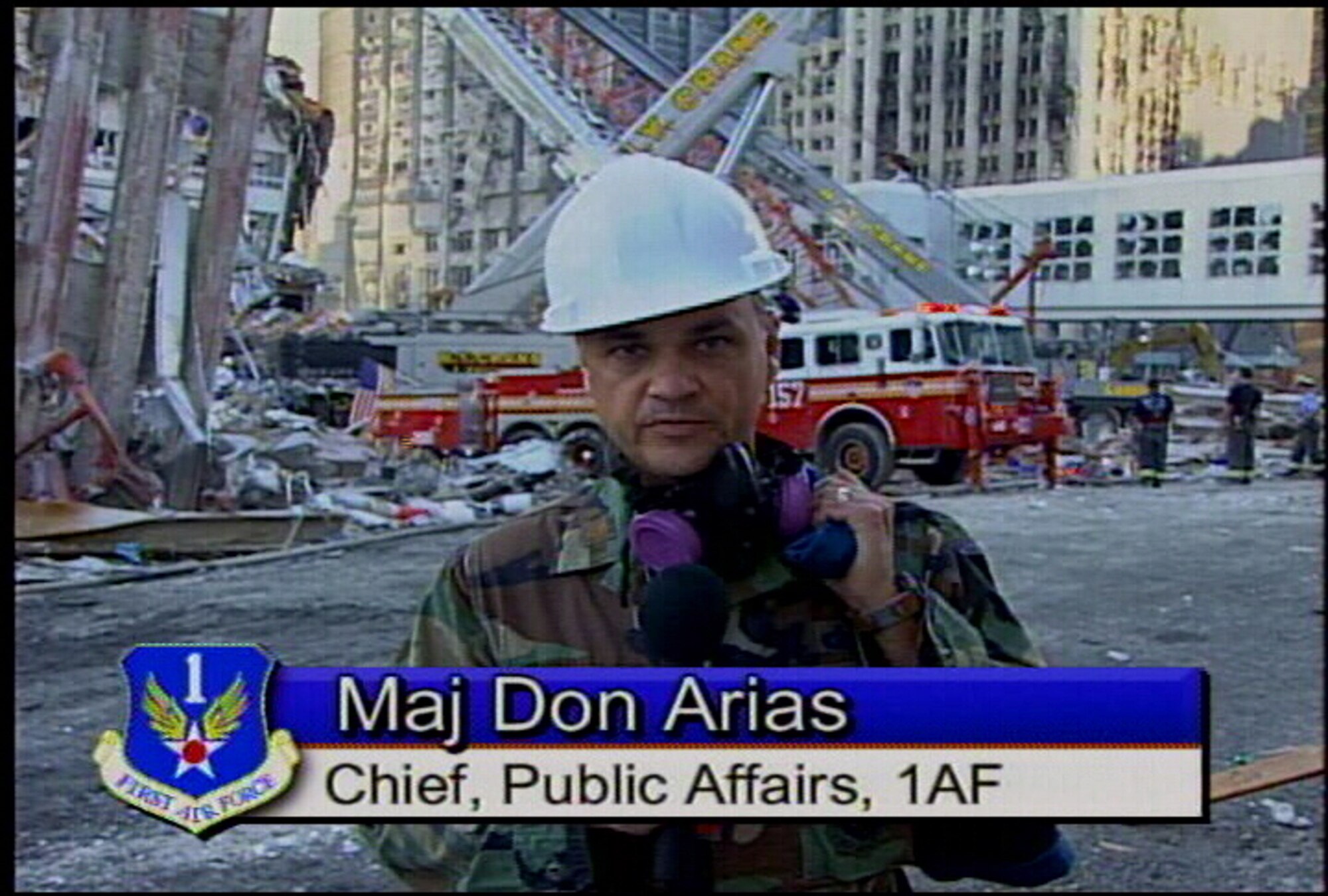 Then Maj. Don Arias visits the World Trade Center in New York City a few days after Sept. 11th as part of the 1AF Now broadcast.