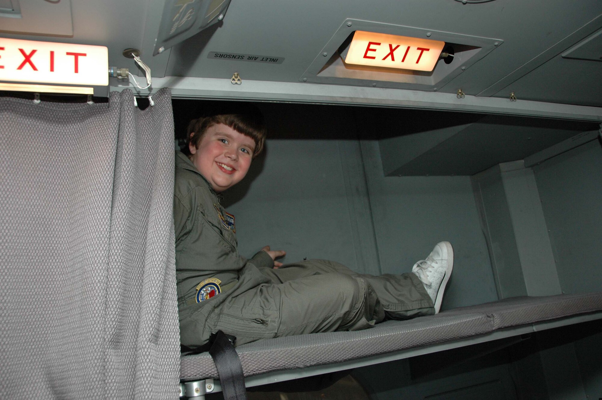 MCGUIRE AIR FORCE BASE, N.J. - Josh Shafer, a 10-year old cancer survivor was Hero for the Day here in April. Here Josh checks out a bed aboard a C-17 Globemaster III. (U.S. Air Force photo/Staff Sgt. Monica Dalberg)
