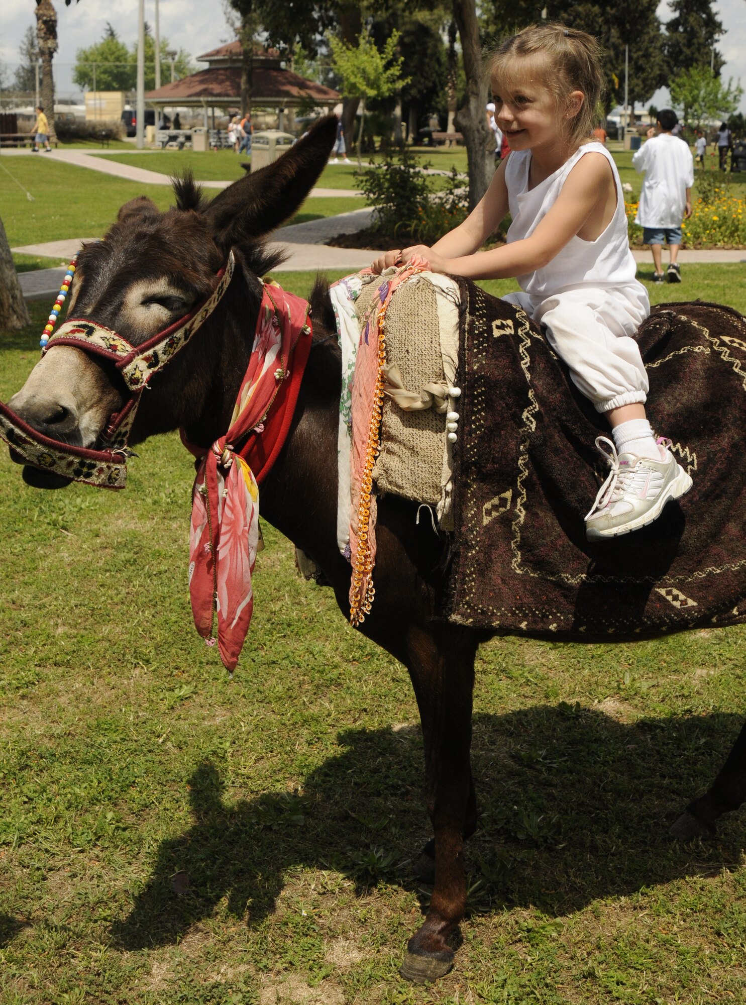 Alyssa, daughter of Tech Sgt. Steven Ransted, 39th Maintenance Squadron, and wife Schuyler Ransted, takes a ride with a local Turkish donkey April 25, 2009 at Incirlik’s Spring Fling, Incirlik Air Base, Turkey. Every year, the Spring Fling is held to help celebrate the incoming warm season with at least three hundred base attendants. With food, music, crafts and children friendly events, this year’s Spring Fling also showcased the Indianapolis Colts cheerleaders.  (U.S. Air Force photo/Airman 1st Class Amber Russell) 