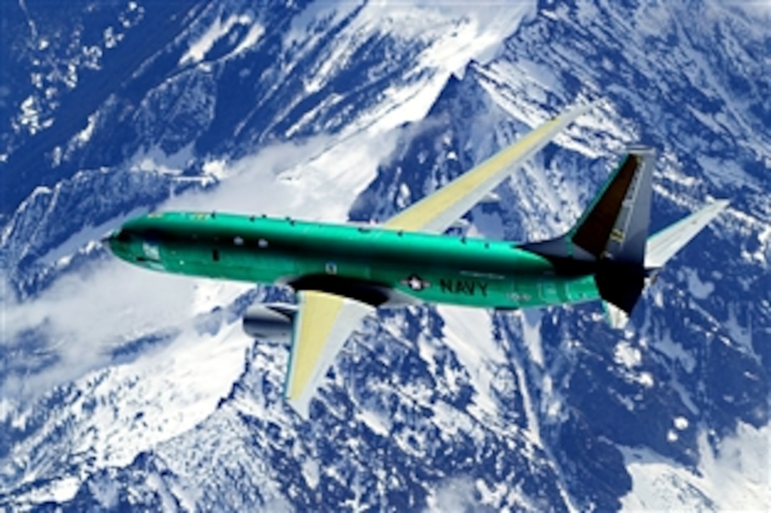 A Boeing P-8A Poseidon test aircraft T-1 conducts a test flight April 25, 2009. The aircraft completed a series of tests during the 3 hour, 31 minute flight, and reached an altitude of 25,000 feet before landing on Boeing Field in Seattle.