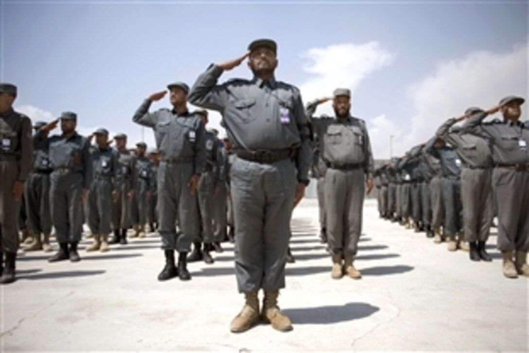 Afghan National Police recruits participate in entry-level training at the Central Training Center, Kabul, Afghanistan, April 23, 2009. U.S. forces play a role in training recruits, who attend an eight-week program of instruction.