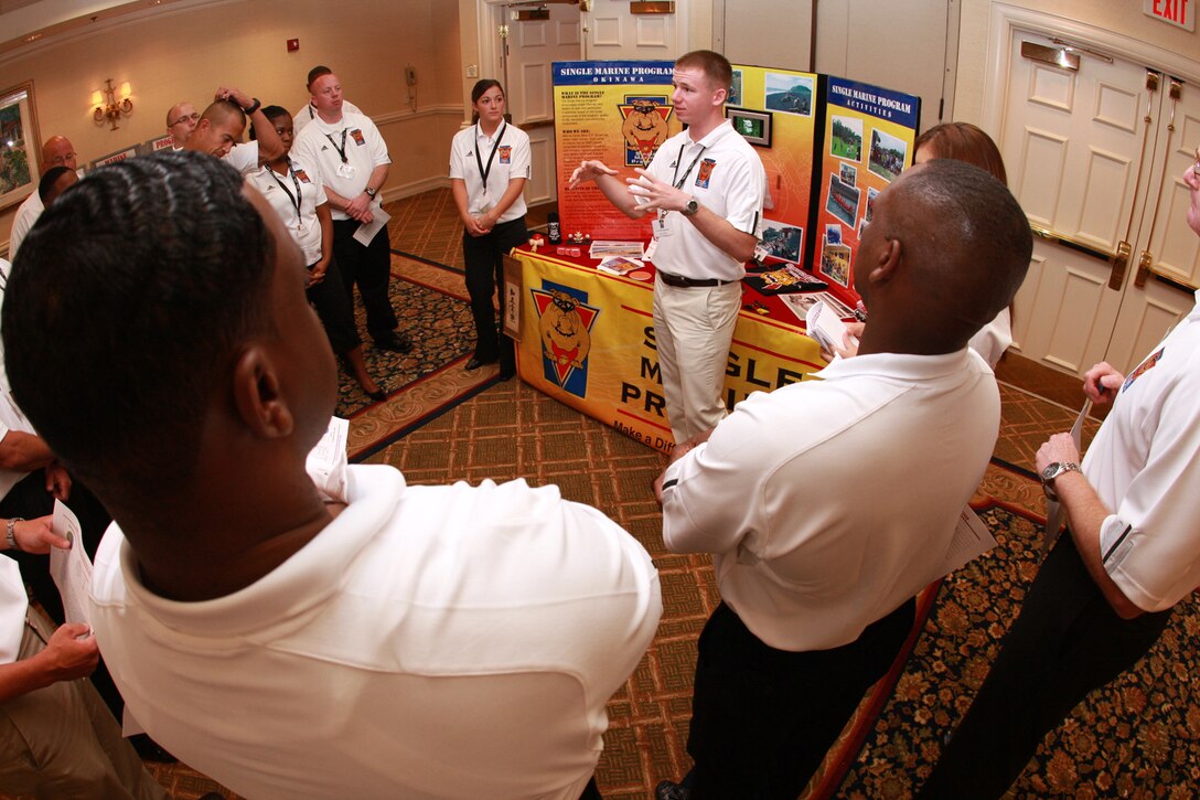 A Single Marine Program councilmember talks to a crowd of onlookers during a static display presentation at the 2009 SMP Annual Conference in Orlando, Fla., April 29. Marines from each base provided a customized booth, so everyone in attendance could take a glimpse at what makes each base’s program unique.