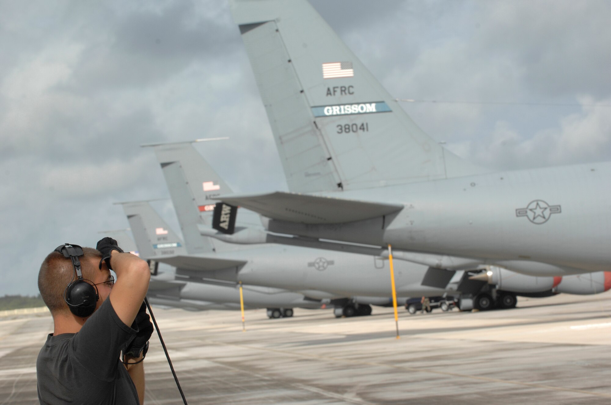 Senior Airman David Engelhardt, crew chief pre-flights a KC-135R Stratotanker April 29 at Andersen Air Force Base, Guam. The 434th Air Refueling Wing from Grissom Air Reserve Base, Indiana recently completed a deployment to Andersen in support of Pacific Refueling Operations. During the 120 day deployment they accomplished 162 missions, flew 654 hours, off loaded over 8.2 million pounds of fuel with an overall mission capability rate of 96.2 percent.  The 452nd Air Mobility Wing, March Air Reserve Base, Calif., will take over Andersen refueling operations. 


(U.S. Air Force photo/ Master Sgt. Kevin J. Gruenwald) 
