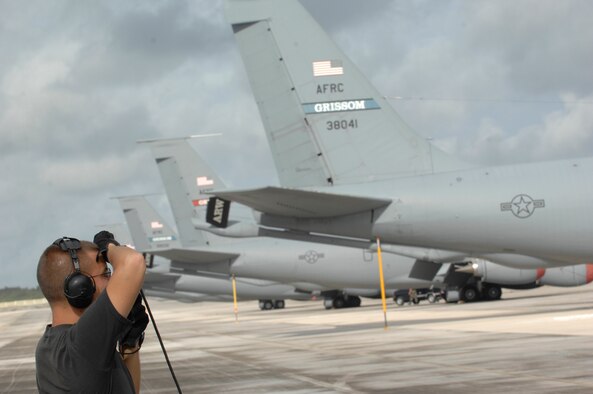 Senior Airman David Engelhardt, crew chief pre-flights a KC-135R Stratotanker April 29 at Andersen Air Force Base, Guam. The 434th Air Refueling Wing from Grissom Air Reserve Base, Indiana recently completed a deployment to Andersen in support of Pacific Refueling Operations. During the 120 day deployment they accomplished 162 missions, flew 654 hours, off loaded over 8.2 million pounds of fuel with an overall mission capability rate of 96.2 percent. The 452nd Air Mobility Wing, March Air Reserve Base, Calif., will take over Andersen refueling operations. (U.S. Air Force photo/Master Sgt. Kevin J. Gruenwald) 