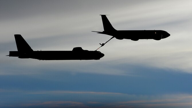 A B-52 Stratofortress from Minot Air Force Base, N.D. refuels from a KC-135 Stratotanker over the Pacific Ocean during exercise Tropic Fury. The 434th Air Refueling Wing from Grissom Air Reserve Base, Indiana recently completed a deployment to Andersen in support of Pacific Refueling Operations. During the 120 day deployment they accomplished 162 missions, flew 654 hours, off loaded over 8.2 million pounds of fuel with an overall mission capability rate of 96.2 percent. The 452nd Air Mobility Wing March Air Reserve Base, Calif. will take over Andersen refueling operations. (U.S. Air Force photo/Master Sgt. Kevin J. Gruenwald)