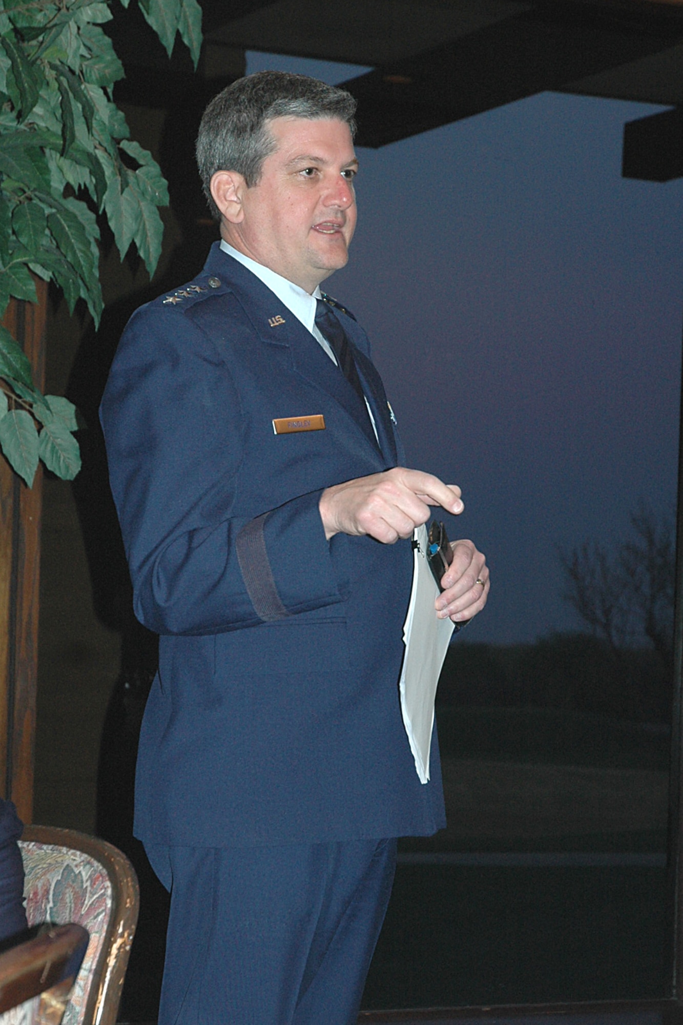 MCCONNELL AIR FORCE BASE, Kan. -- Lt. Gen. Vern M. “Rusty” Findley, Air Mobility Command, speaks to the Friends of McConnell at the Crestview Country Club in Wichita on April 23. During his two-day visit, General Findley also spoke at the Wichita Chamber of Commerce luncheon, ate breakfast with Airmen at the McConnell Dining Facility, greeted landowners before an orientation flight and  toured parts of the base. (Photo by Tech. Sgt. Genevieve Morris)