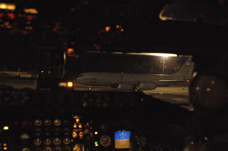 A KC-135 Stratotanker taxis on a runway in preparation of a multi-lateral sortie mission at an undisclosed location, April 16. The KC-135 can transport litter and ambulatory patients using patient support pallets during aeromedical evacuations. (Photo by Staff Sgt. Ronald Lafosse)