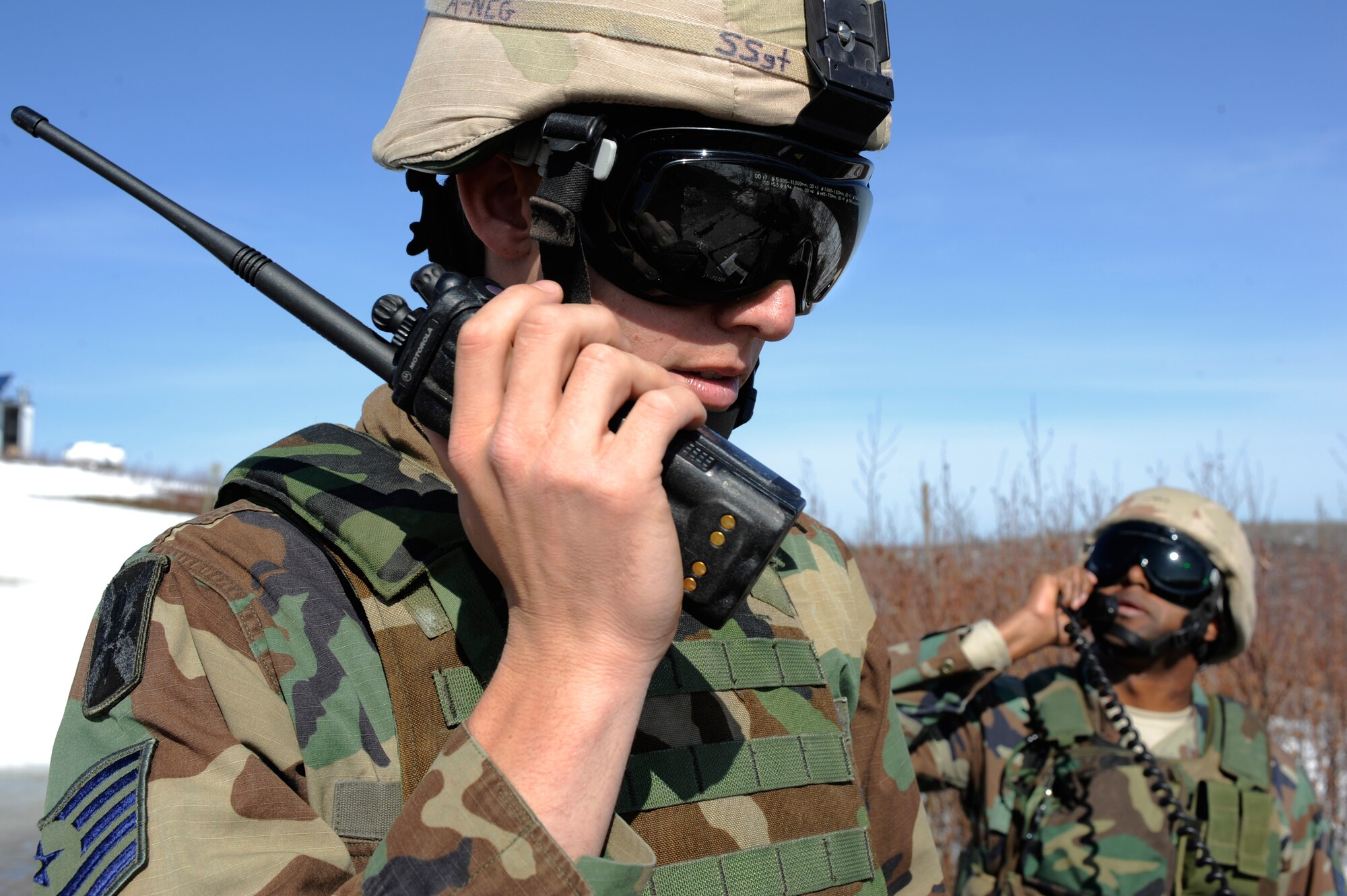 Tech. Sgt. William Sykes communicates with a blue force pilot on the Joint Pacific Alaskan Range Complex during RED FLAG-Alaska 09-2 April 28, 2009, Eielson Air Force Base, Alaska. The 122nd Air Support Operations Squadron advises commanders on the capabilities and employment of air power, ensures its synchronization into the ground commanders' battle plan, and provides terminal attack control for close air support missions. Sergeant Sykes is assigned to the 122nd ASOS, Louisiana Air National Guard.  (U.S. Air Force Photo/Senior Airman Jonathan Snyder)