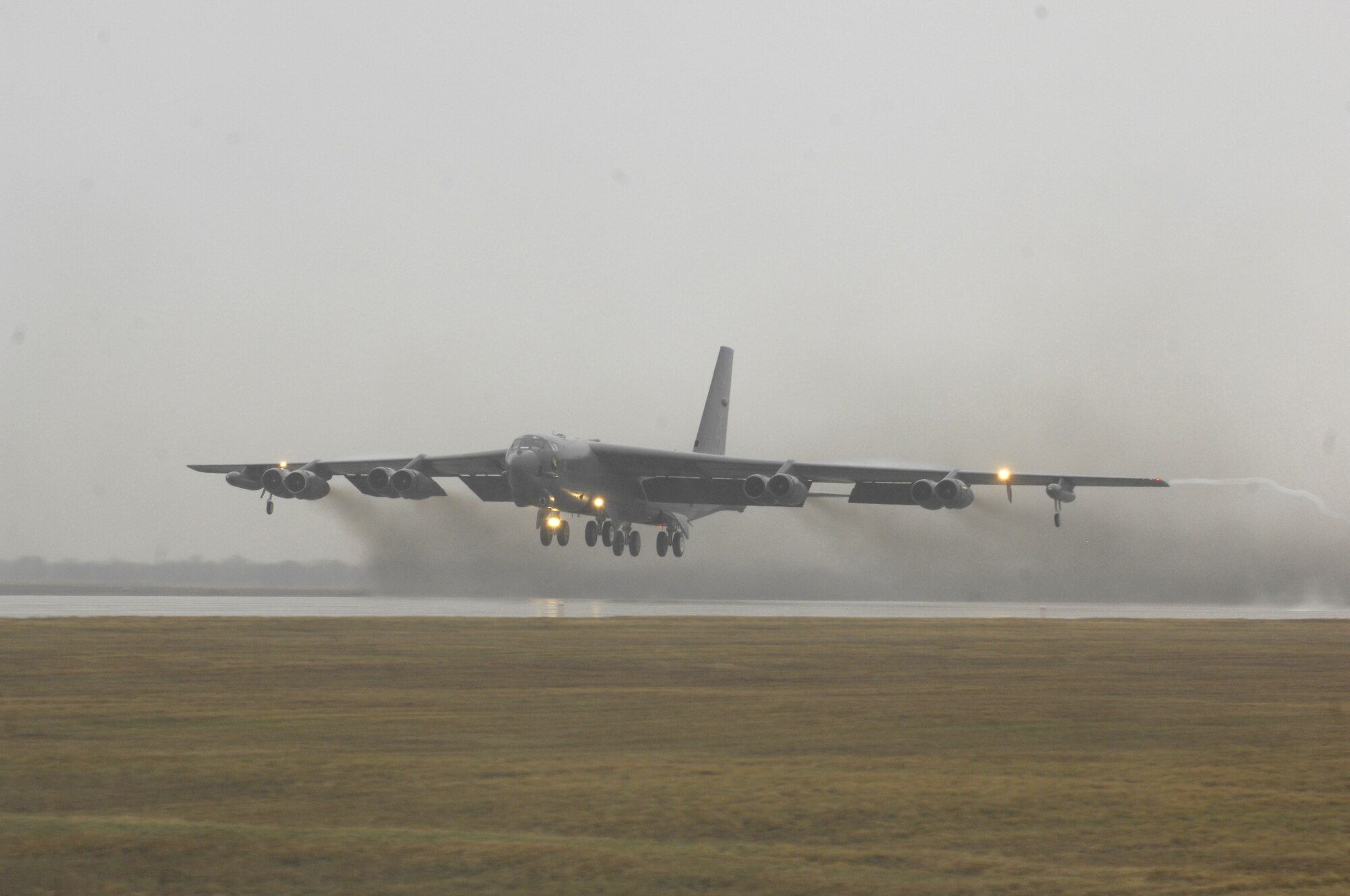 MINOT AIR FORCE BASE, N.D. -- A B-52H Stratofortress taxis down the runway during a rapid launch, here April 29. The rapid launch included 12 B-52s from both Minot AFB and Barksdale AFB La. This rapid launch is the final part of the Nuclear Operations Readiness Exercise which was combined-wing exercise to assure the safety, security, and the reliability of nuclear weapons standards and procedures. (U.S. Air Force photo by Airman First Class Joe Rivera)