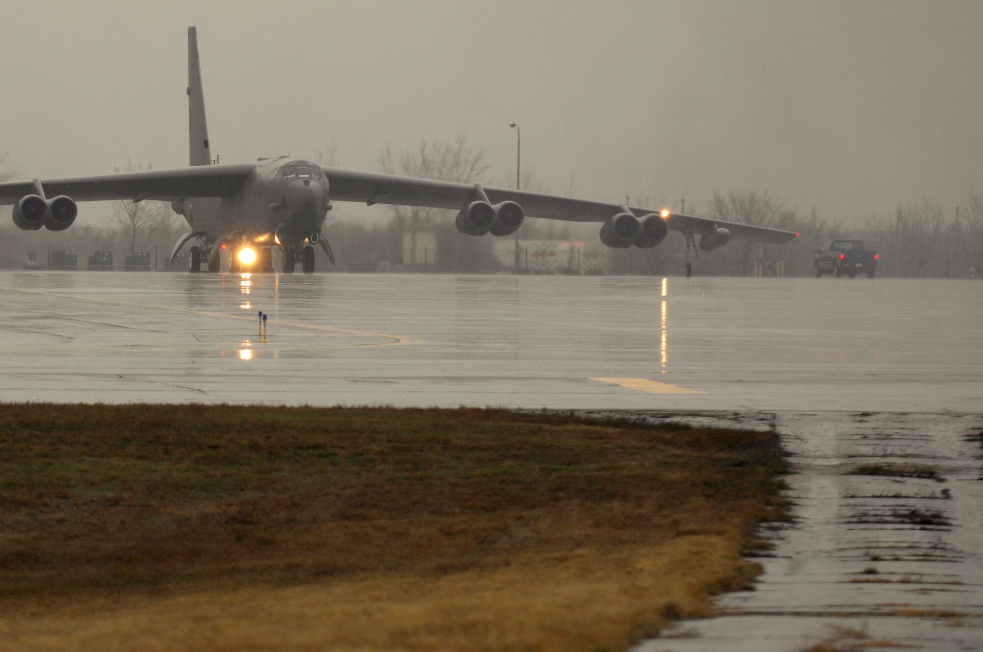 MINOT AIR FORCE BASE, N.D. -- A B-52H Stratofortress prepares for takeoff during a rapid launch, here April 29. The rapid launch included 12 B-52s from both Minot AFB and Barksdale AFB La. This rapid launch is the final part of the Nuclear Operations Readiness Exercise which was combined-wing exercise to assure the safety, security, and the reliability of nuclear weapons standards and procedures. (U.S. Air Force photo by Airman First Class Joe Rivera)