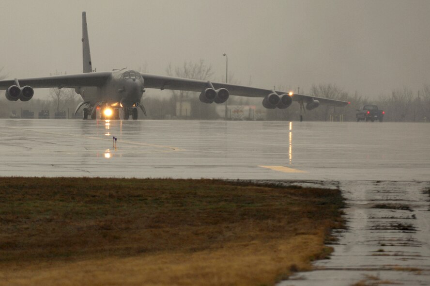MINOT AIR FORCE BASE, N.D. -- A B-52H Stratofortress prepares for takeoff during a rapid launch, here April 29. The rapid launch included 12 B-52s from both Minot AFB and Barksdale AFB La. This rapid launch is the final part of the Nuclear Operations Readiness Exercise which was combined-wing exercise to assure the safety, security, and the reliability of nuclear weapons standards and procedures. (U.S. Air Force photo by Airman First Class Joe Rivera)