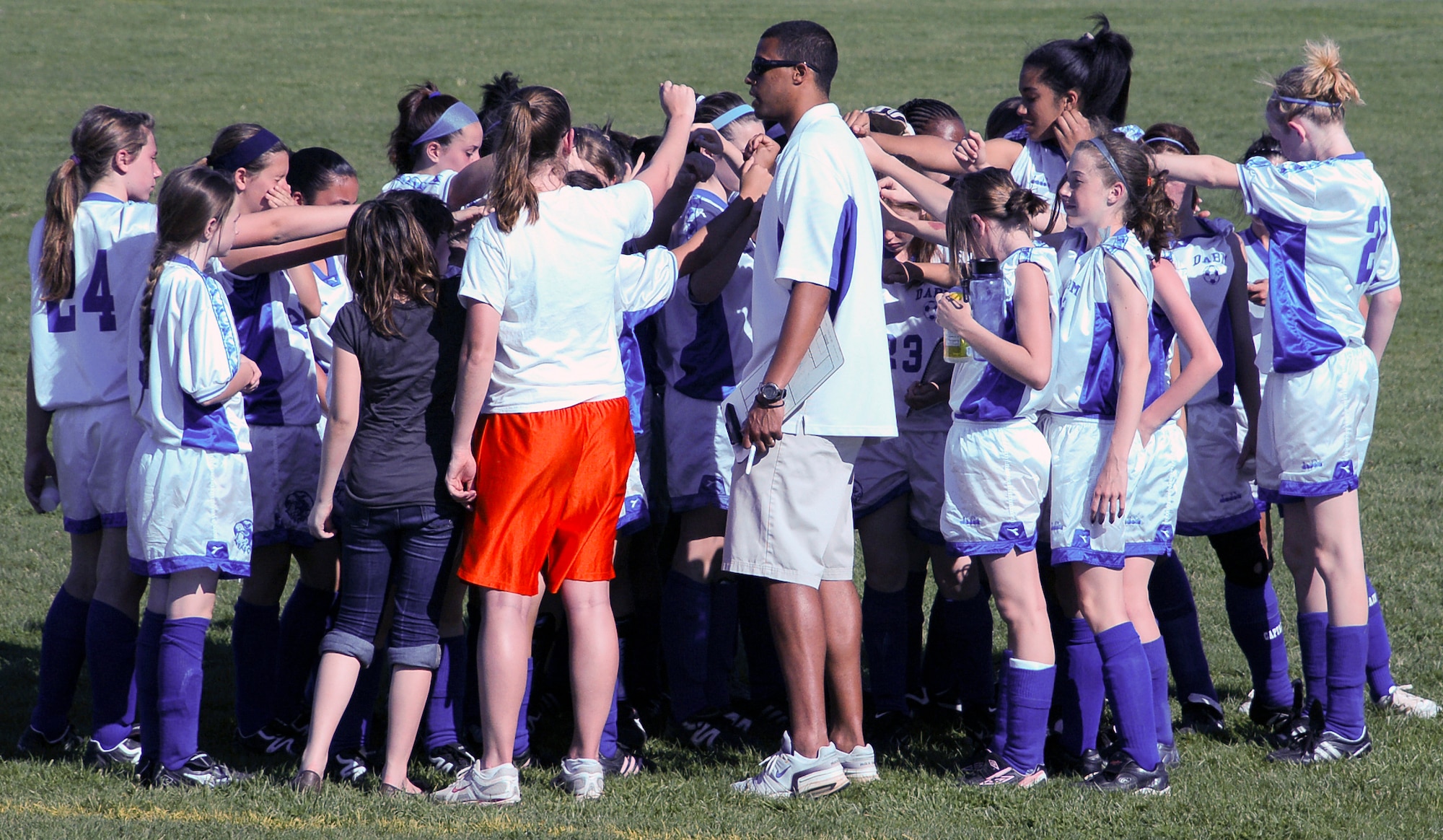 Frank Victory, the Air Base Middle School Falcon?s coach, rallies his team after a half time break during a game against the Milford Middle School Buccaneers on Dover Air Force Base April 27. The Buccaneers shut out the Falcons and won the game 5 ? 0. (U.S. Air Force photo/Tech. Sgt. Kevin Wallace)