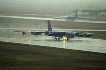 MINOT AIR FORCE BASE, N.D. - A B-52H Stratofortress from Barksdale Air Force Base, La., roars down the runway during the rapid launch portion of Prairie Vigilance 09-7 here April 29. Prairie Vigilance is a combined-wing nuclear operational readiness exercise designed to demonstrate safe, secure, reliable nuclear weapons standards and procedures. A sequence of 12 B-52s successfully launched confirming the Air Force’s agile ability to respond when called upon.  (U.S. Air Force photo by Tech. Sgt. Lee A. Osberry Jr.)