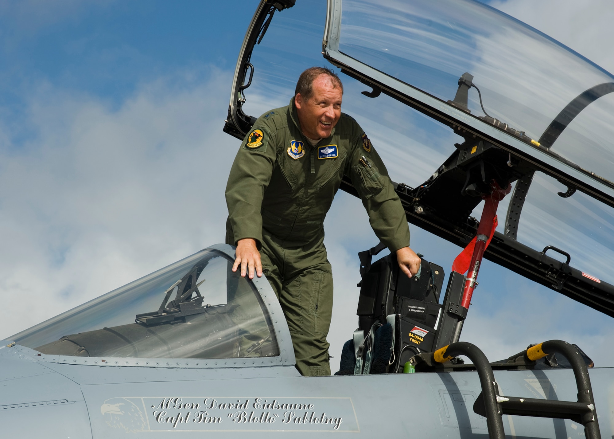 Maj. Gen. David Eidsaune, Air Armament Center commander, steps out of his F-15 after his final flight as commander April 27 at Eglin Air Force Base.  Keeping with tradition, he was greeted with lots of water from staff members, family and well-wishers once he stepped down from the jet.  General Eidsaune reliquishes command of the AAC May 1, for an assignment at Air Force Materiel Command headquarters.  Courtesy photo.
