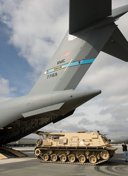 An M88A2 Heavy Equipment Recovery Combat Utility Lift and Evacuation System (HERCULES) is loaded into a C-17 Globemaster III aircraft at Dover Air Force Base, Dover, Del., March 10, 2009. The Hercules is used to safely tow and recover inoperative tanks. (U.S. Air Force photo by Jason Minto/Released)