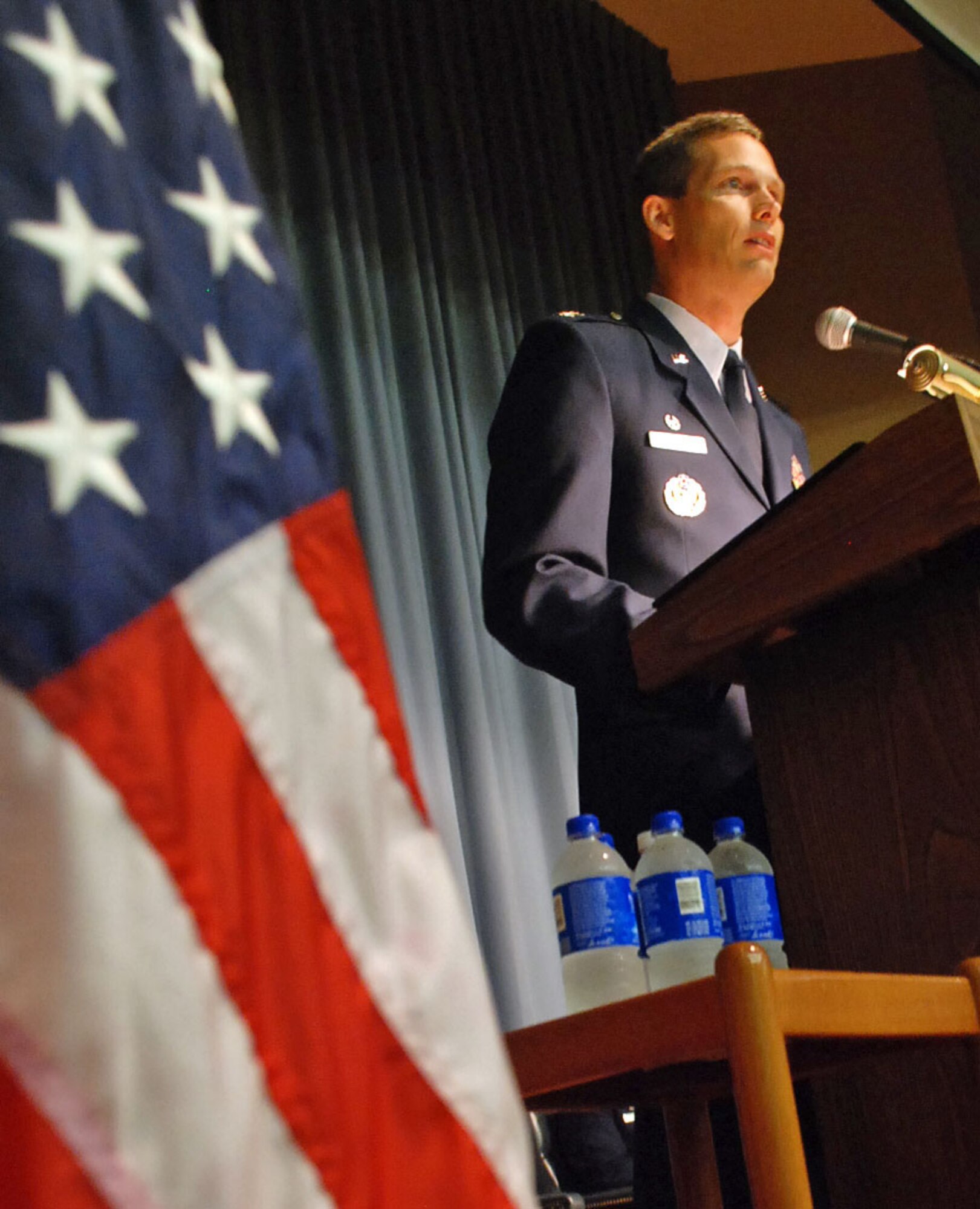 LAUGHLIN AIR FORCE BASE, Texas -- Col. Jeff McDaniels, addresses Laughlin and community members for the first time as the 47th Flying Training Wing commander here April 28. Colonel McDaniels assumed command of the wing during a change-of-command ceremony in Anderson Hall. (U.S. Air Force photo
 by Airman 1st Class Sara Csurilla)
