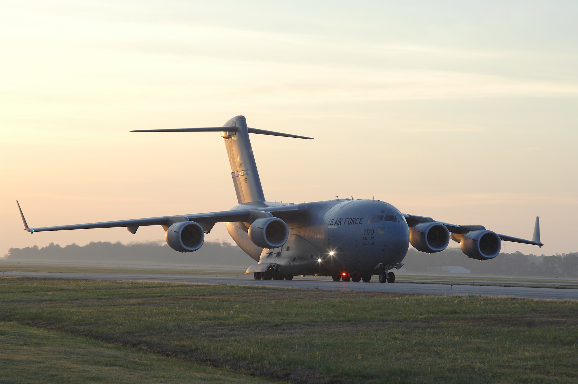 A cargo-laden C-17 Globemaster II prepares for takeoff at Seymour Johnson Air Force Base, N.C., April 29, 2009.  Supporting the 336th Fighter Squadron are hundreds of maintainers and other support personnel who will accompany them on the roughly four month deployment to Afghanistan.  (U.S. Air Force photo by 2nd Lt. Matthew D. Schroff)