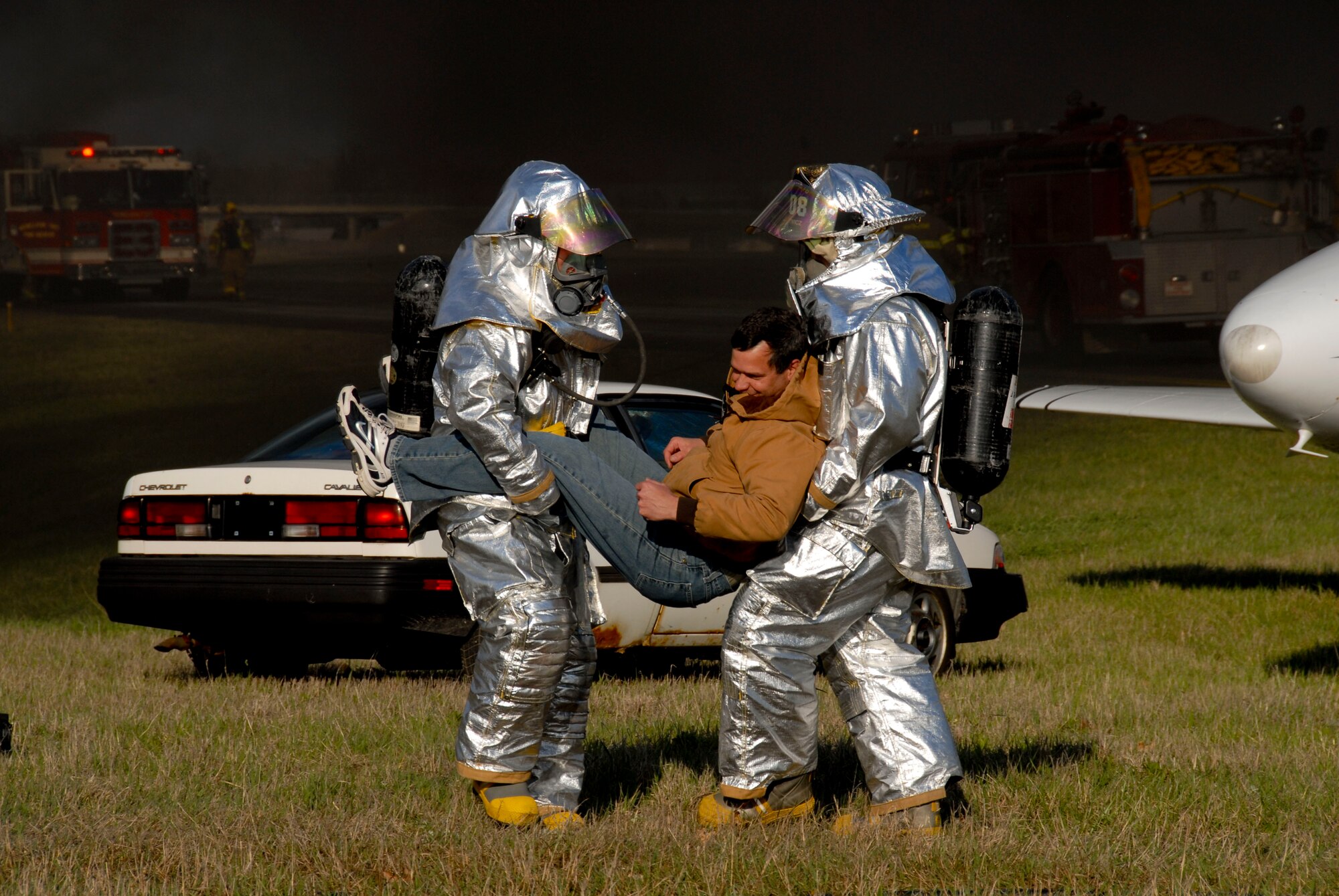 Members of the 180th Fighter Wing fire department participated in an aircraft crash and recovery exercise at the Toledo Express Airport on April 22. The drill, required every three years, not only tests the response of airport authorities, but also the response of other local emergency, fire and rescue crews that would normally respond to such an incident, to include the 180th FW fire department. USAF photo by Tech. Sgt. Beth Holliker (Released)