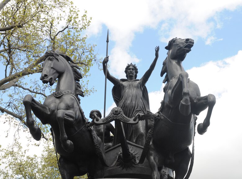 The bronze statue depicting Boudica , Warrior Queen of the Iceni - mistakenly labeled as 'Boadicea' - was erected in 1902 in  London, near Westminster Bridge, on the north bank of the River Thames in the shadow of Big Ben and the Houses of Parliament. 

Interest in Boudica was limited until the 19th century, when it was sparked by the fact that 'Boudica' is the Celtic word for 'victory' - so the Iceni ruler was the very first Queen Victoria.  ( Photo by Senior Airman Nick McNaughton)
