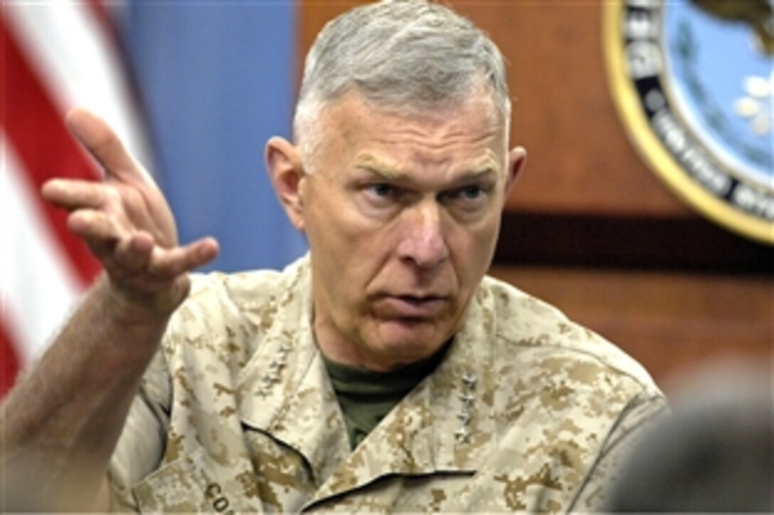 Marine Corps Commandant Gen. James T. Conway hosts a media roundtable in the Pentagon to discuss some of the recent accomplishments of Marines around the world and provide updates on the performance of new pieces of equipment being used or readied for deployment to combat theaters, April 29, 2009. 