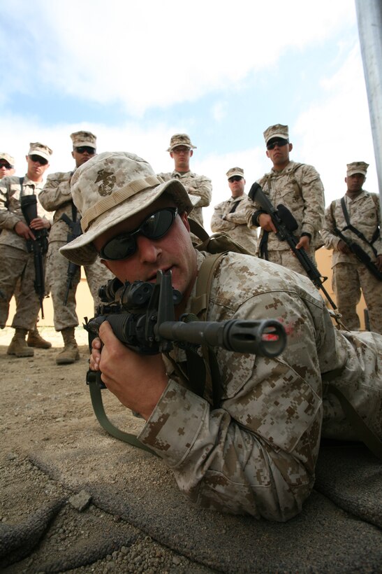 CAMP PENDLETON, Calif. - Marines with the 11th Marine Expedtionary Unit Command Element learn techniques used in military operations in urban terrain (MOUT) here April, 29 2009. MOUT training helps familiarize Marines with the urban evironments they may encounter during their upcoming deployment with the 11th MEU. (U.S. Marine photo by Cpl. Shawn M. Spitler) (Released)::r::::n::