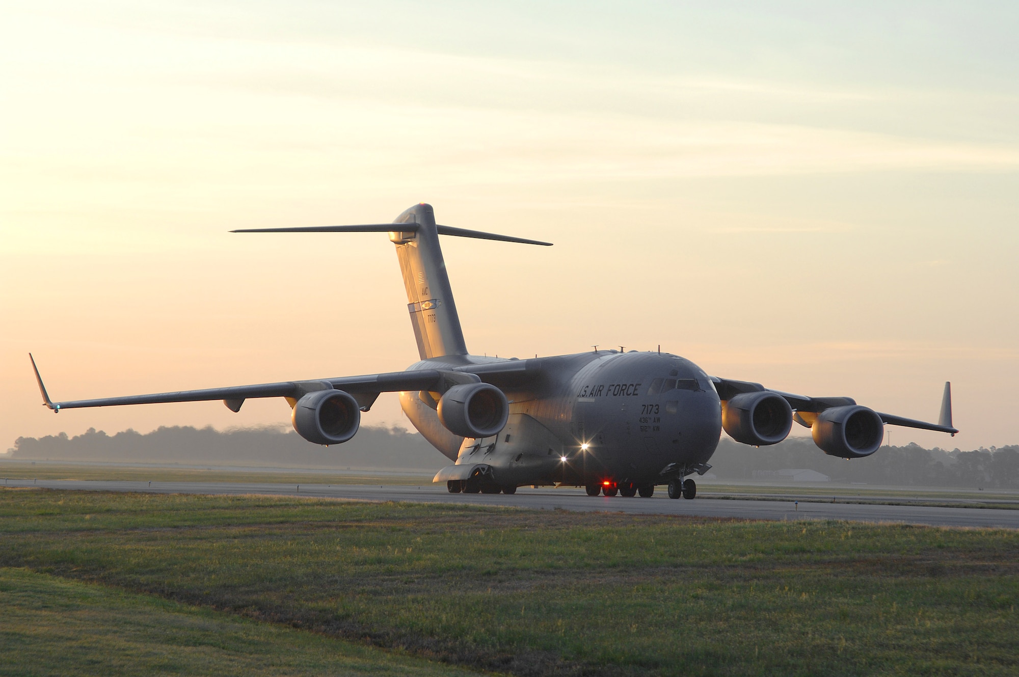 A cargo-laden C-17 Globemaster III prepares for takeoff April 29 at Seymour Johnson Air Force Base, N.C. Supporting the 336th Fighter Squadron are hundreds of maintainers and other support personnel who will accompany them on the roughly four-month deployment to Afghanistan. (U.S. Air Force photo/2nd Lt. Matthew D. Schroff)