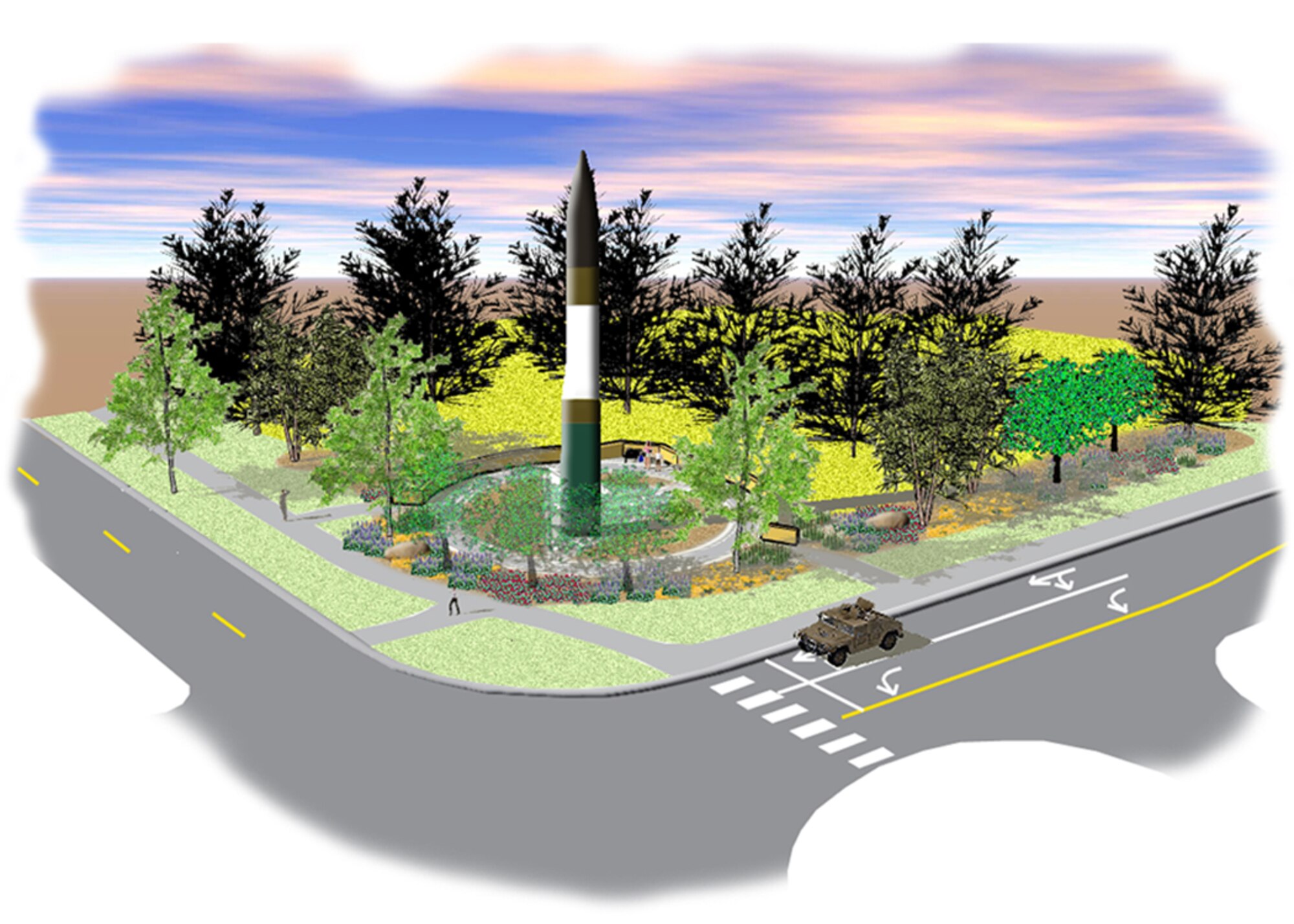 A 3D image details the Minuteman III LGM-30G ICBM, a decommissioned missile and corresponding Urban Pocket Park. The outdoor plaza will reside at the corner of Peterson Boulevard and Otis Street at Peterson Air Force Base, as 2009 marks the 50th anniversary of the Intercontinental Ballistic Missile alert operations. Since the missile is presently active at three Air Force bases in the nation, the display will bring historical preservation into real-time. The decommissioned missile will be constructed and placed at its new home within several months. (Image courtesy of the 21st Space Wing Civil Engineering Squadron) 
